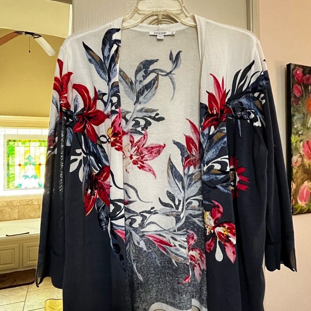 Chico's Elegant cream/blue/red Floral Cardigan - size 3